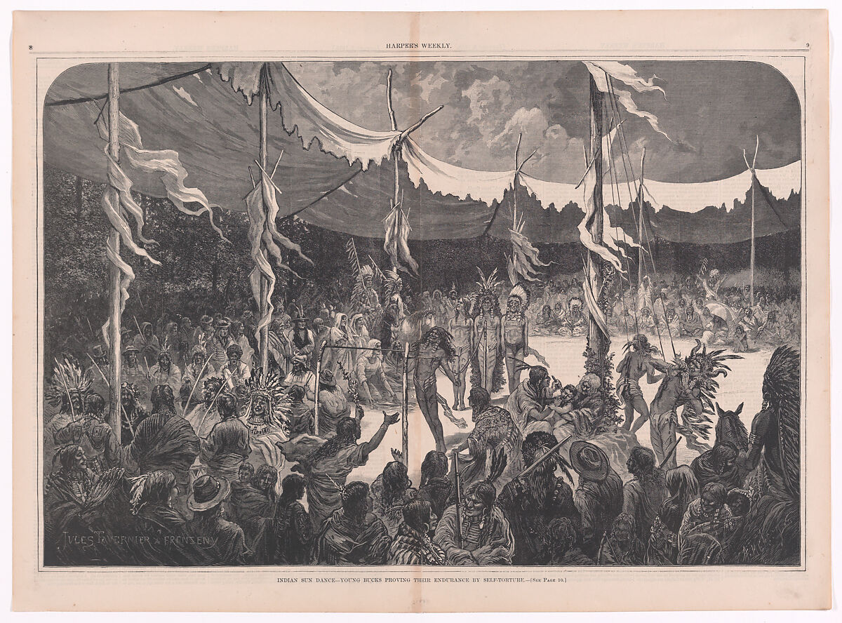 Indian Sun Dance–Young Bucks Proving Their Endurance by Self-Torture ("Harper's Weekly," Vol. XIX, pp. 8-9), Jules Tavernier American, born France, Wood engraving