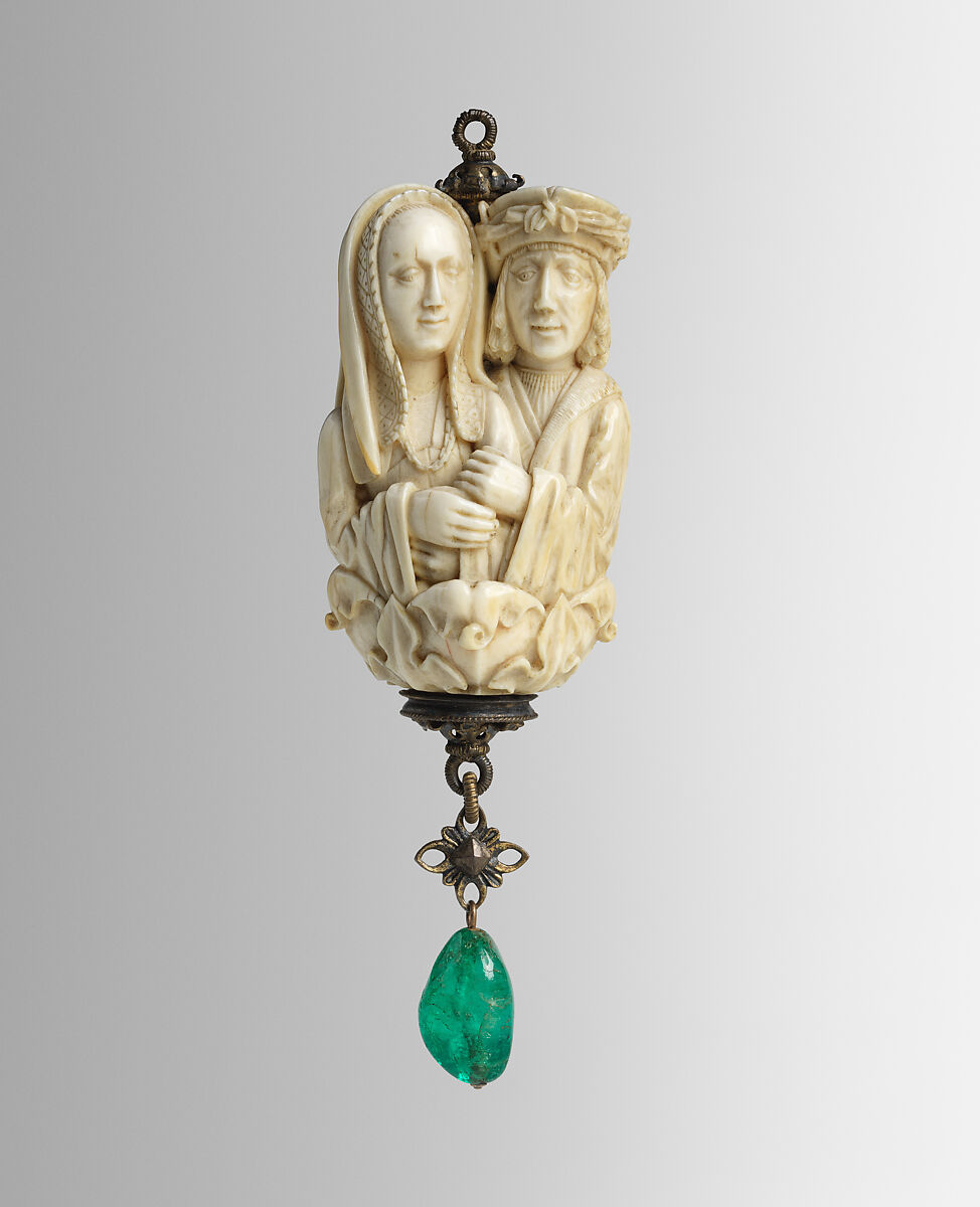 Rosary Terminal Bead with Lovers and Death's Head, Elephant ivory, with emerald pendant, gilded metal mount, North French or South Netherlandish