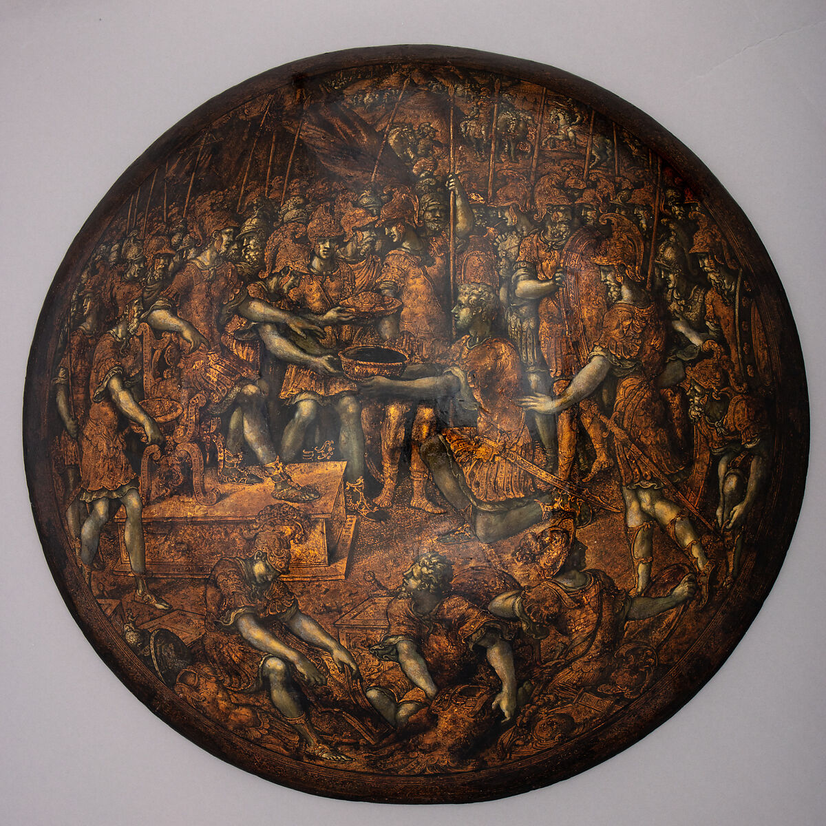 Shield, Girolamo da Treviso Italian, Wood, linen, gesso, gold leaf, polychromy, Italian, probably Bologna